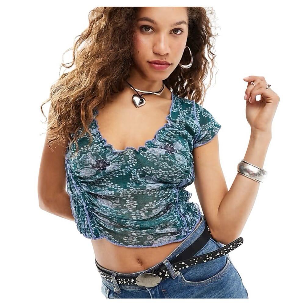 Free People Oh My Baby Tee Cropped Blouse Top Ruched Printed Cotton Small